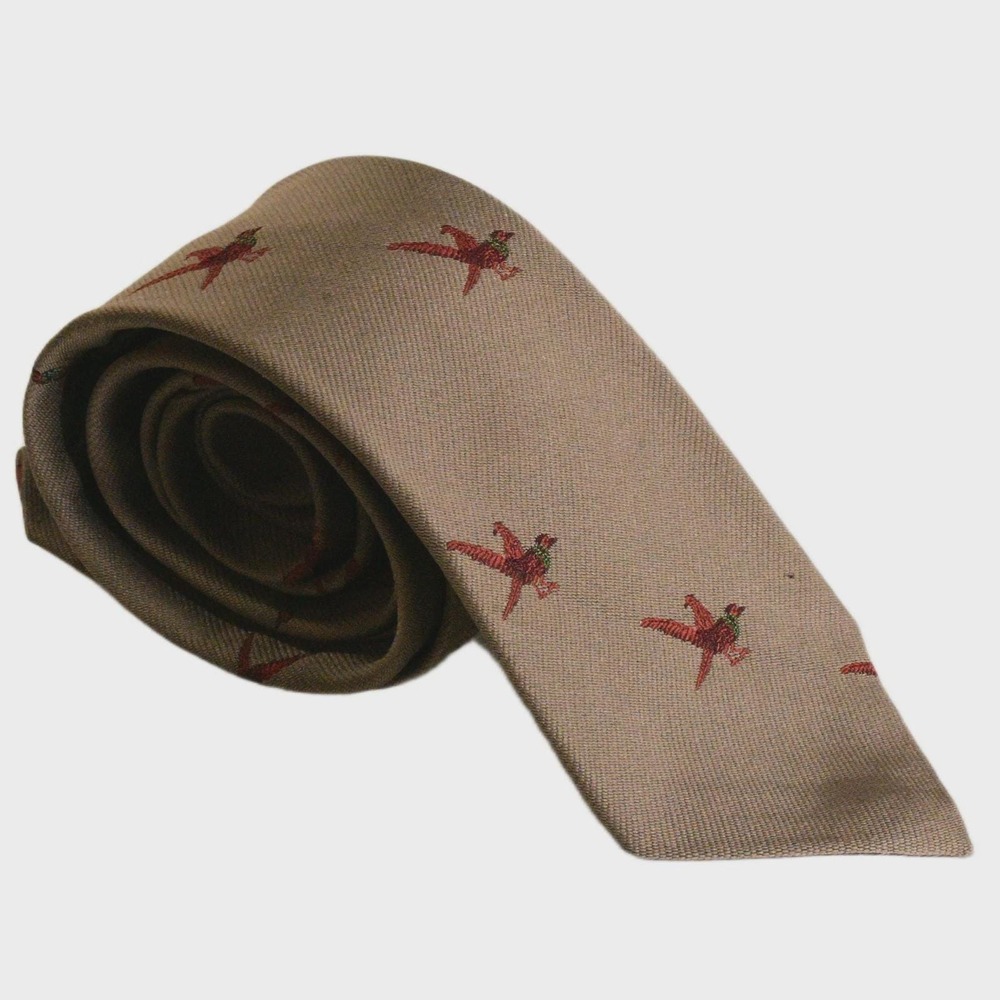 70s Vintage Mens Neck Tie Royal Knight Greige Embroidered Pheasant Wide Necktie